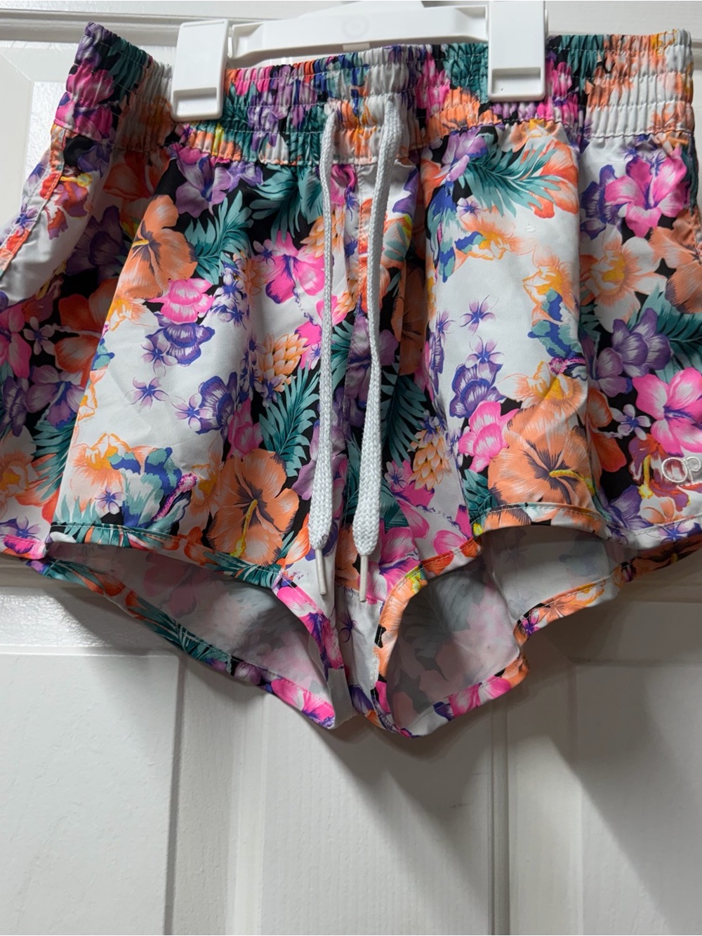 OP Women’s Floral Athletic Shorts - White with Pink, Purple & Orange L